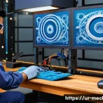 기계설계기사와 3D 모델링 실무 - A detailed 3D rendered scene of a modern machine design workshop in Karachi, Pakistan, showcasing an...