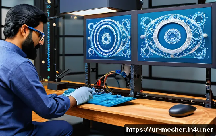 기계설계기사와 3D 모델링 실무 - A detailed 3D rendered scene of a modern machine design workshop in Karachi, Pakistan, showcasing an...