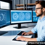 Home 22 기계설계분야에서 자격증의 취업 경쟁력 - A detailed professional mechanical engineer working at a modern workstation, surrounded by multiple ...
