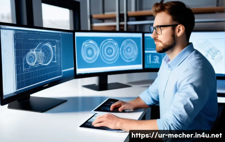 기계설계분야에서 자격증의 취업 경쟁력 - A detailed professional mechanical engineer working at a modern workstation, surrounded by multiple ...