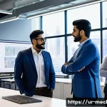 Home 21 기계설계분야에서의 협업의 중요성 - A diverse team of engineers and designers collaborating in a modern machine design workspace, showca...