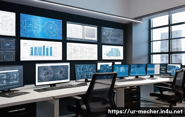 기계설계분야에서의 협업 사례 - A collaborative engineering workspace featuring a diverse team of mechanical engineers, electrical s...