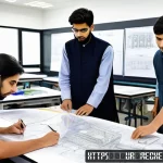 Home 19 기계설계기사 실기시험 채점 기준 분석 - A detailed scene of a Pakistani engineering classroom where diverse students wearing modest clothing...