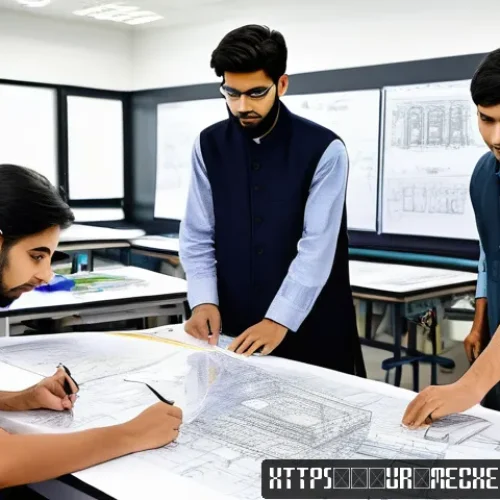 Home 31 기계설계기사 실기시험 채점 기준 분석 - A detailed scene of a Pakistani engineering classroom where diverse students wearing modest clothing...