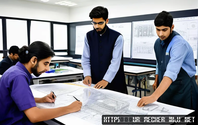 기계설계기사 실기시험 채점 기준 분석 - A detailed scene of a Pakistani engineering classroom where diverse students wearing modest clothing...