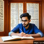Home 23 기계설계기사 자격증 취득 실패 후 재도전 - A focused young Urdu-speaking machine design engineering student sitting at a traditional wooden des...